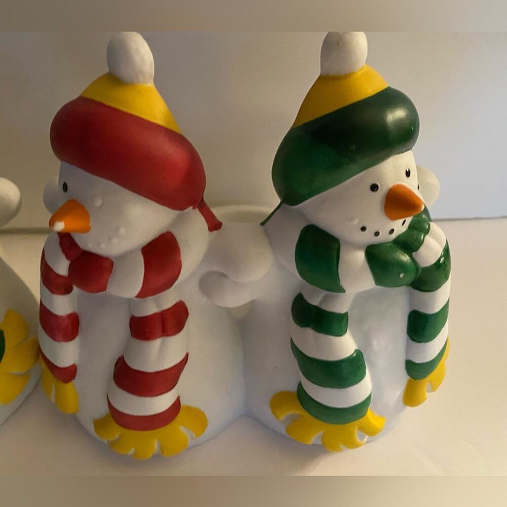 2 Partylite Snowmn Candle Holders Red green hats scarves Carrot nose black - Picture 5 of 6